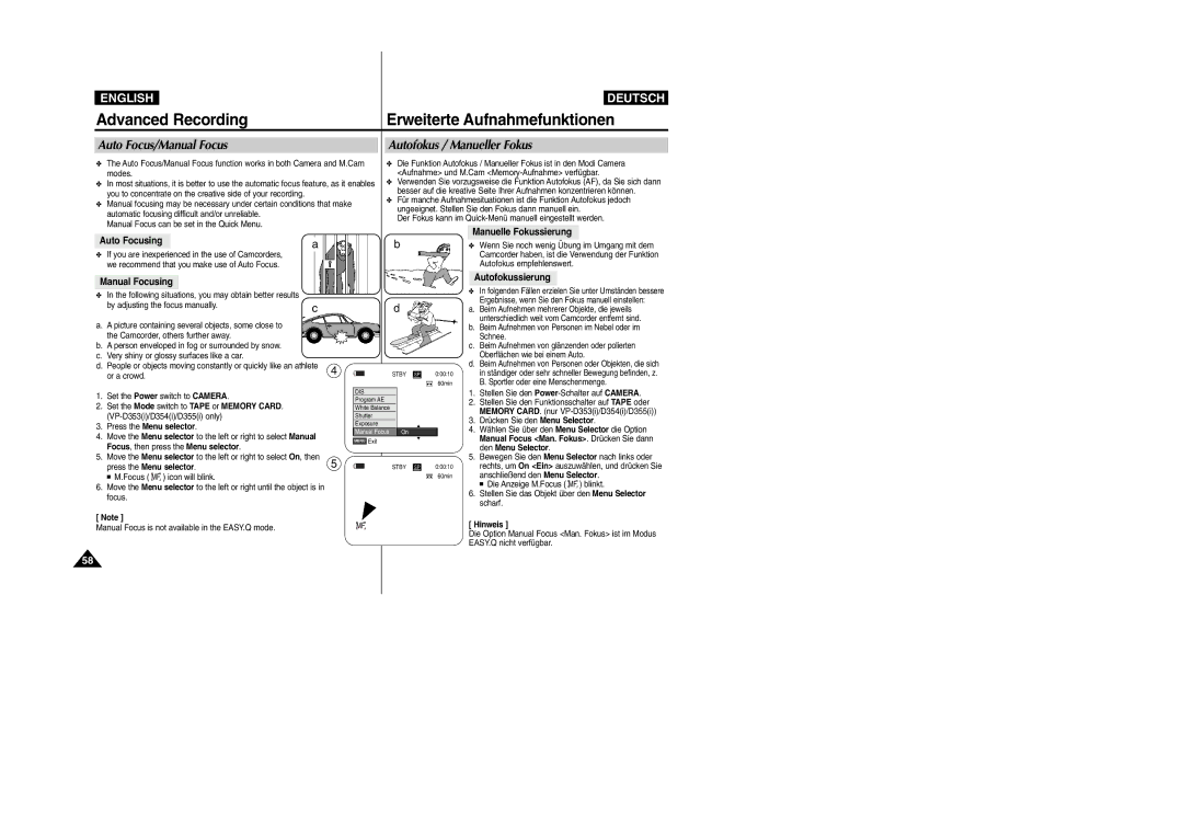 Samsung VP- D353(i), VP-D354(i) Advanced Recording, Auto Focus/Manual Focus Autofokus / Manueller Fokus, Auto Focusing 