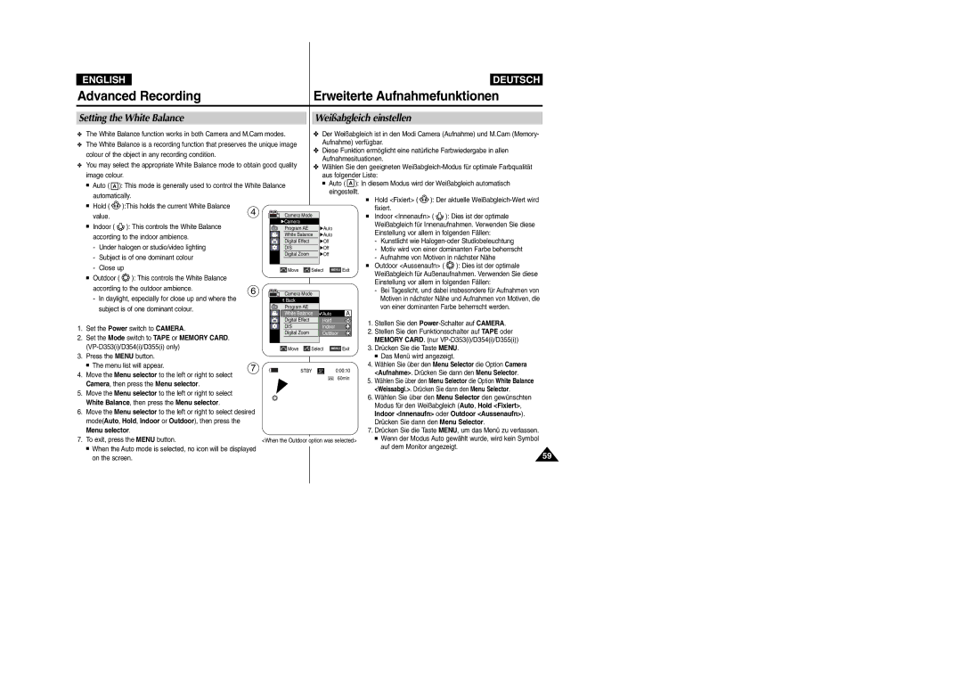 Samsung VP- D355(i) Advanced Recording Erweiterte Aufnahmefunktionen, Setting the White Balance Weißabgleich einstellen 
