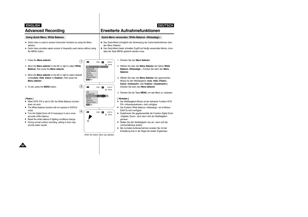 Samsung VP-D354(i), VP-D352(i), VP- D353(i), VP- D355(i) manual Advanced Recording Erweiterte Aufnahmefunktionen, Dis 