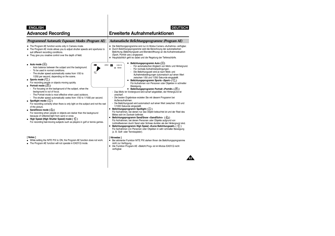 Samsung VP- D355(i) manual Automatische Belichtungsprogramme Program AE, Programmed Automatic Exposure Modes Program AE 