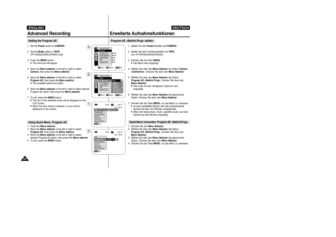 Samsung VP-D354(i), VP-D352(i) manual Setting the Program AE Program AE Belicht.Prog wählen, Using Quick Menu Program AE 