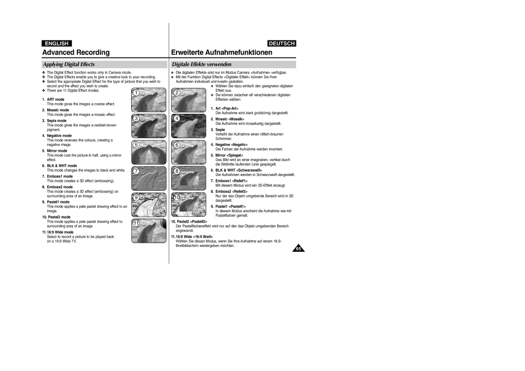 Samsung VP-D352(i), VP-D354(i), VP- D353(i), VP- D355(i) manual Applying Digital Effects, Digitale Effekte verwenden 