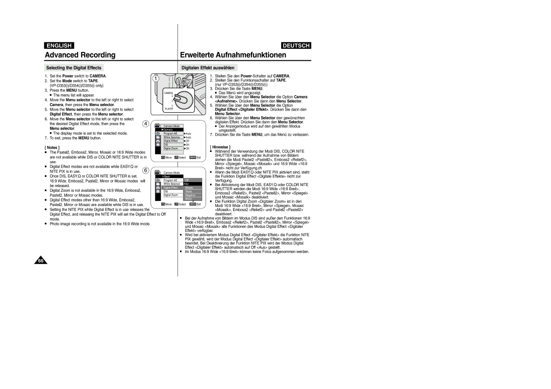 Samsung VP- D353(i) manual Selecting the Digital Effects Digitalen Effekt auswählen, Camera , then press the Menu selector 