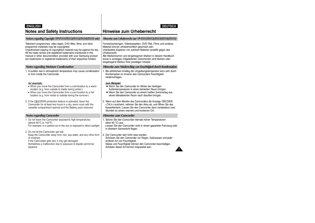 Samsung VP- D355(i), VP-D354(i), VP-D352(i), VP- D353(i) manual Hinweise zum Urheberrecht 