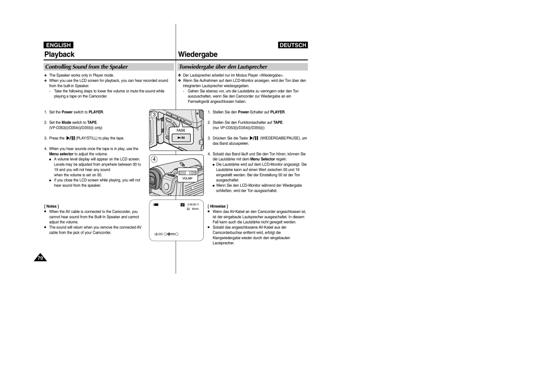 Samsung VP- D353(i), VP-D354(i), VP-D352(i), VP- D355(i) manual Playback Wiedergabe, Controlling Sound from the Speaker 