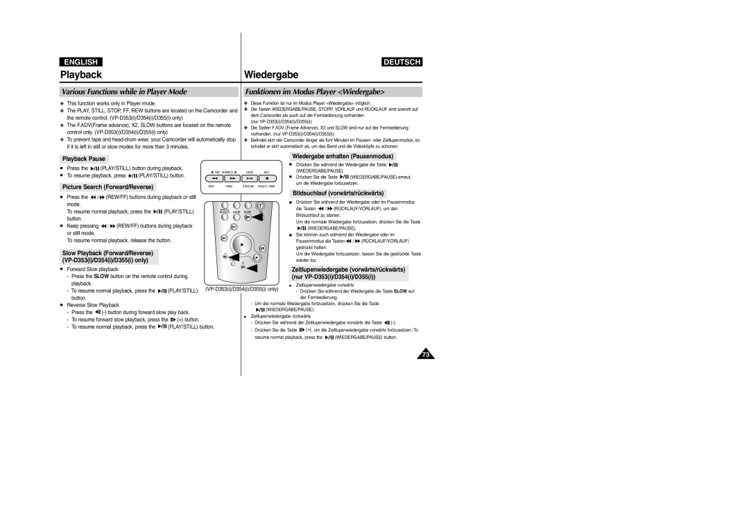 Samsung VP-D352(i), VP-D354(i), VP- D353(i) Various Functions while in Player Mode, Funktionen im Modus Player Wiedergabe 