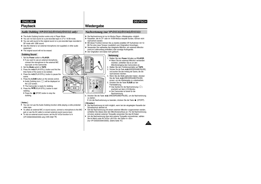 Samsung VP-D352(i) manual Audio Dubbing VP-D353i/D354i/D355i only, Nachvertonung nur VP-D353i/D354i/D355i, Dubbing Sound 