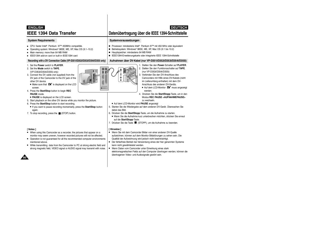 Samsung VP-D354(i) Ieee 1394 Data Transfer, System Requirements Systemvoraussetzungen, Verbinden Sie den DV-Anschluss des 