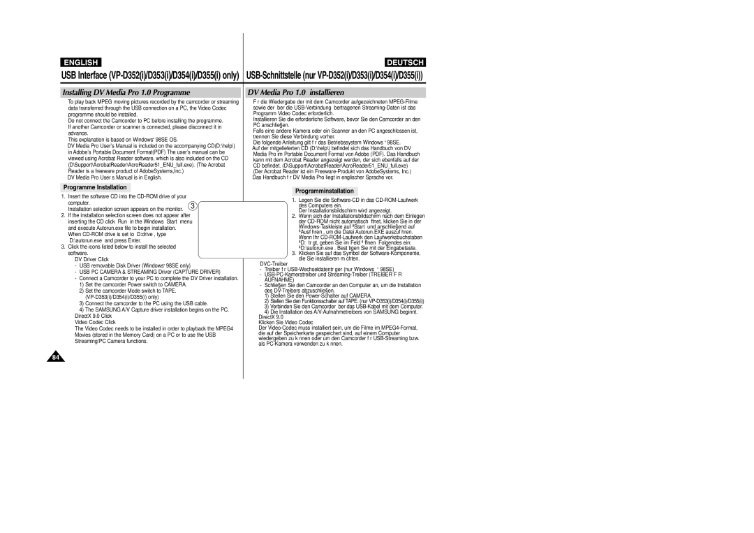 Samsung VP-D354(i) manual Installing DV Media Pro 1.0 Programme, DV Media Pro 1.0 installieren, Programme Installation 