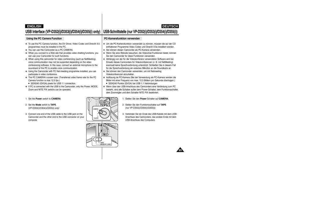 Samsung VP-D352(i), VP-D354(i), VP- D353(i), VP- D355(i) manual Using the PC Camera Function PC-Kamerafunktion verwenden 