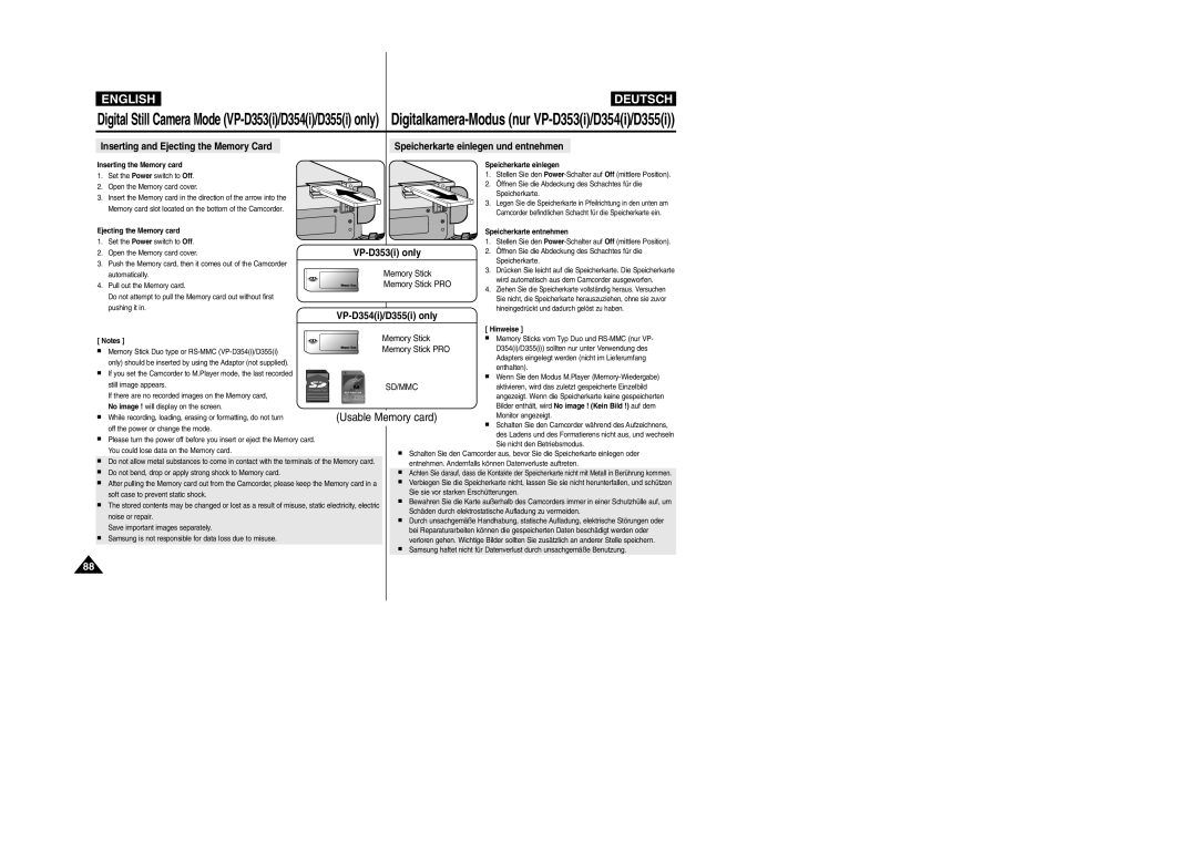 Samsung VP-D354(i), VP-D352(i), VP- D353(i), VP- D355(i) manual Memory Stick PRO, Inserting the Memory card 