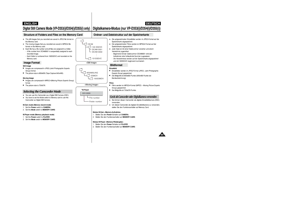 Samsung VP-D352(i) manual Selecting the Camcorder Mode, Structure of Folders and Files on the Memory Card, Still image 