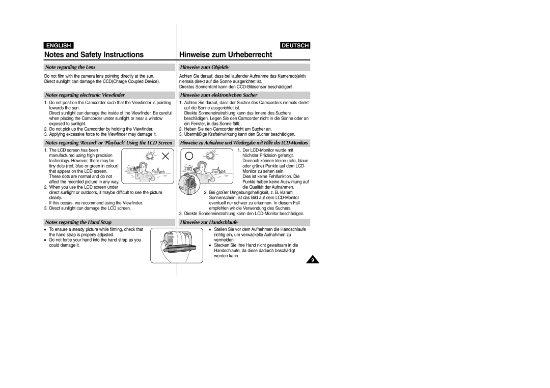 Samsung VP-D352(i), VP-D354(i) manual Hinweise zum Objektiv, Hinweise zum elektronischen Sucher, Hinweise zur Handschlaufe 