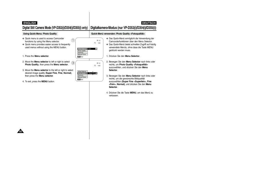 Samsung VP-D354(i) manual Functions by using the Menu selector, Press the Menu selector, To exit, press the Menu button 