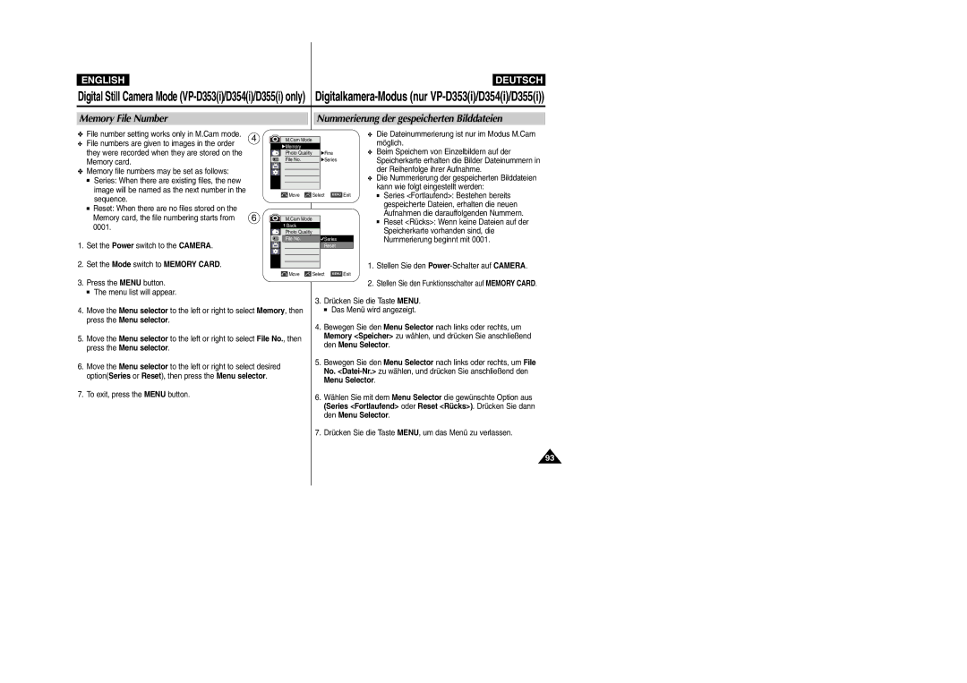 Samsung VP-D352(i) Memory card, Sequence Reset When there are no files stored on, 0001, Set the Power switch to the Camera 