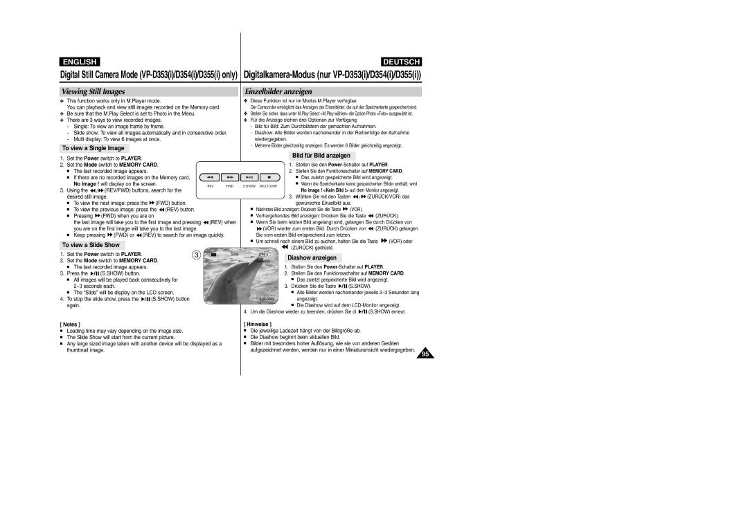 Samsung VP- D355(i), VP-D354(i), VP-D352(i), VP- D353(i) manual Viewing Still Images, Einzelbilder anzeigen 