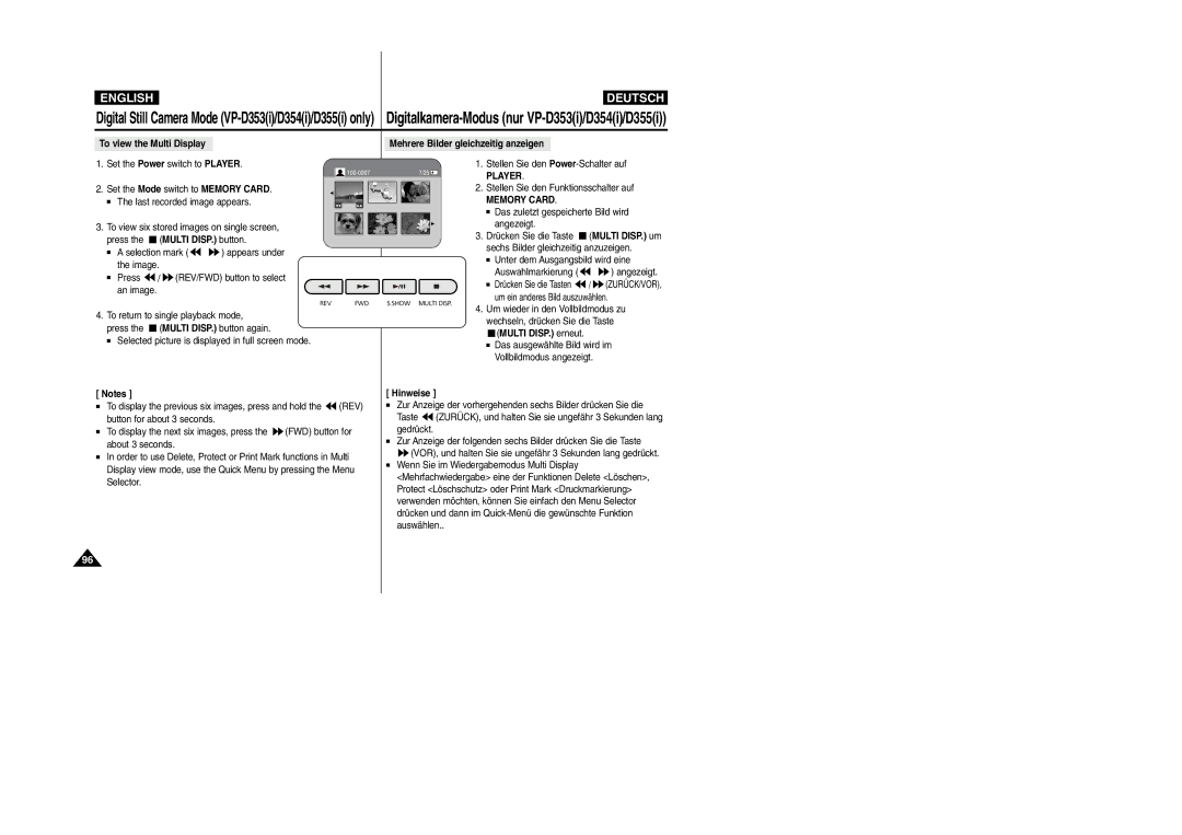 Samsung VP-D354(i), VP-D352(i), VP- D353(i), VP- D355(i) manual Multi DISP. erneut 