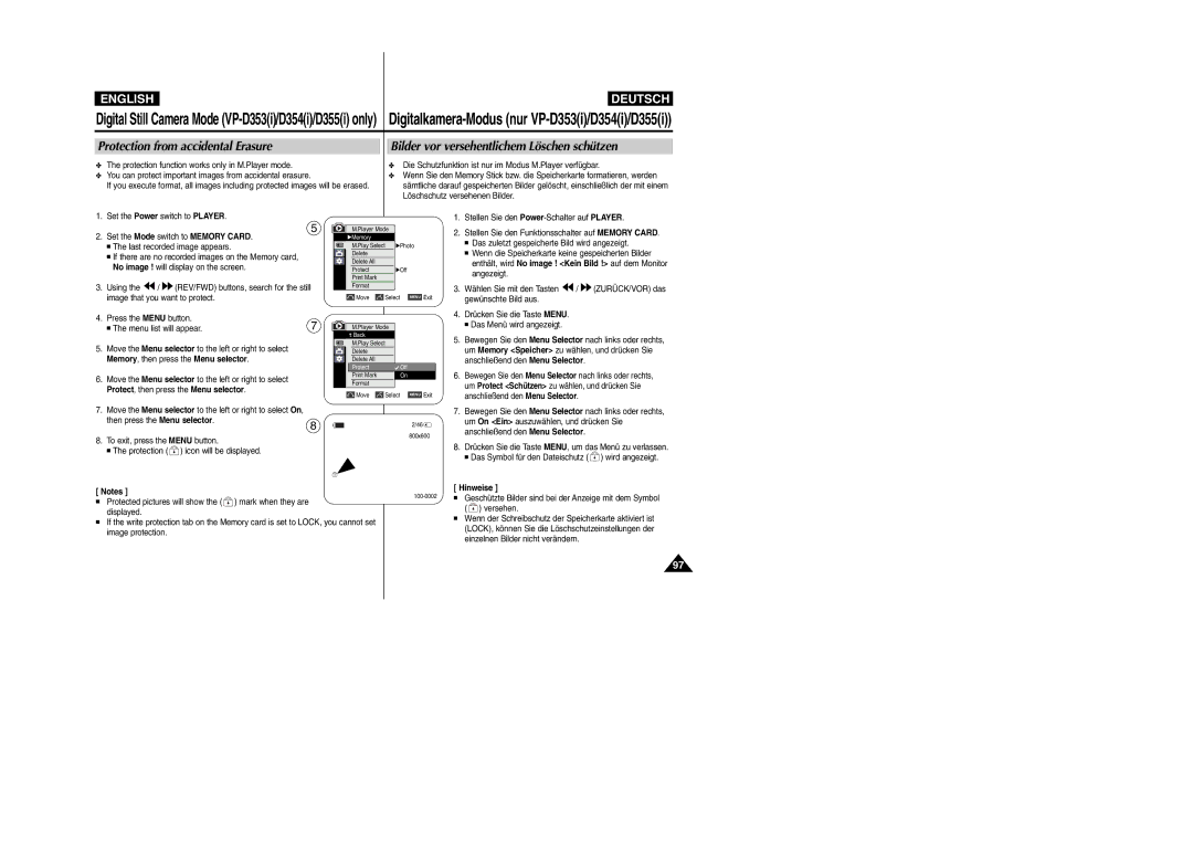 Samsung VP-D352(i), VP-D354(i), VP- D353(i) Protection from accidental Erasure, Bilder vor versehentlichem Löschen schützen 