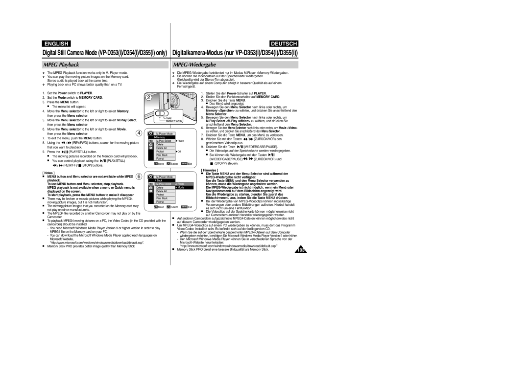 Samsung VP- D355(i) manual MPEG Playback, MPEG-Wiedergabe, English, Deutsch, Digitalkamera-Modus nur VP-D353i/D354i/D355i 