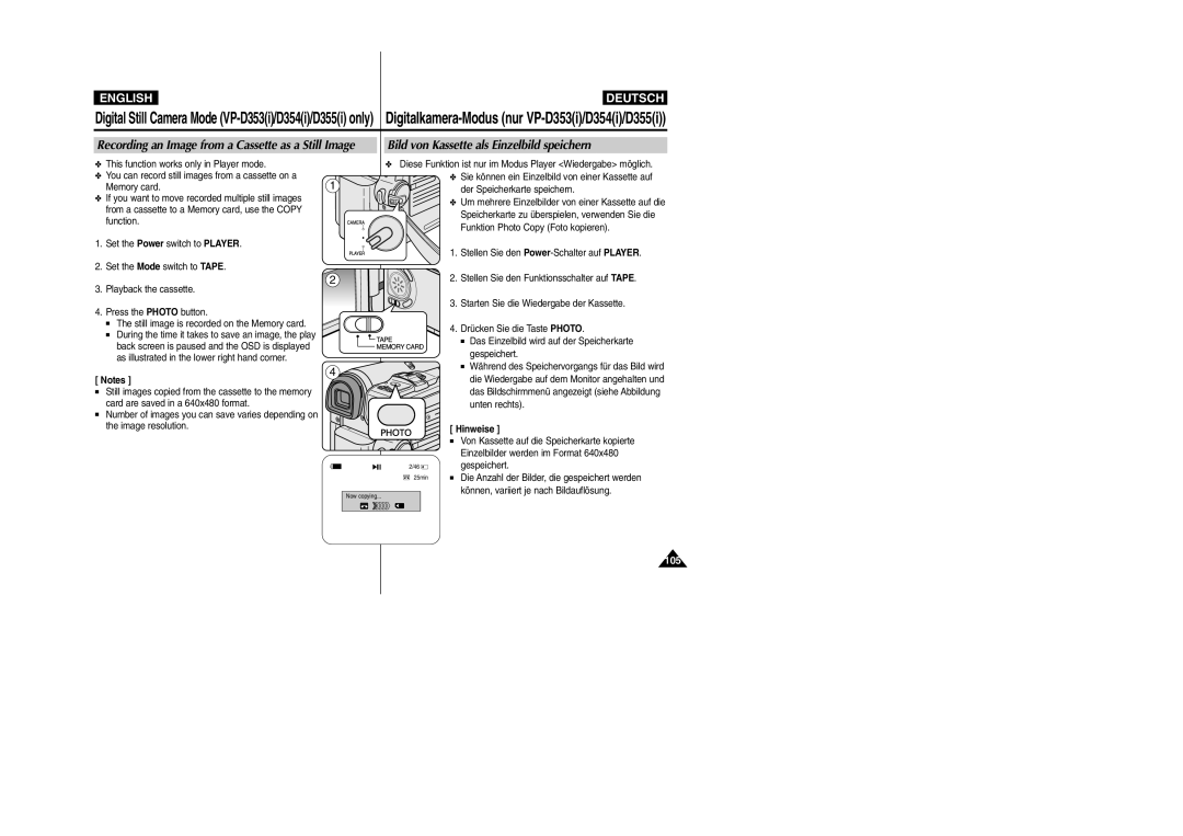 Samsung VP-D352(i) manual Bild von Kassette als Einzelbild speichern, Recording an Image from a Cassette as a Still Image 
