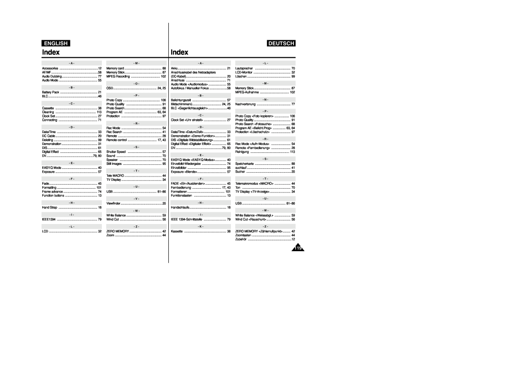 Samsung VP- D355(i), VP-D354(i), VP-D352(i), VP- D353(i) manual Index, English, Deutsch 