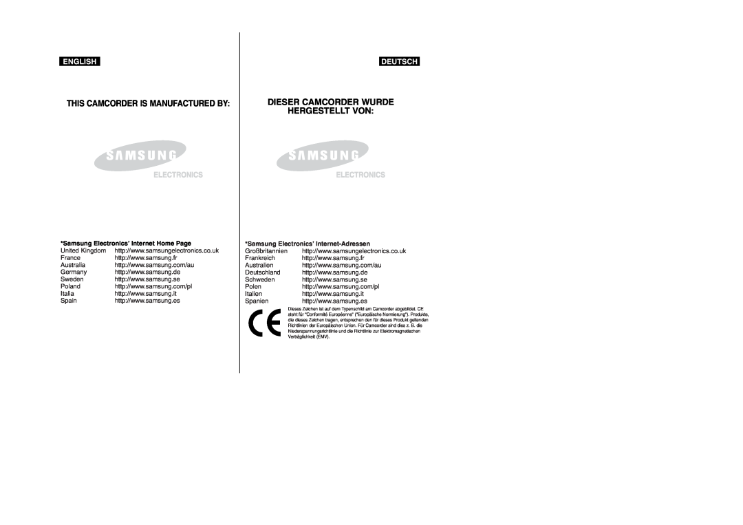 Samsung VP- D353(i) manual Dieser Camcorder Wurde, Hergestellt Von, This Camcorder Is Manufactured By, English, Deutsch 