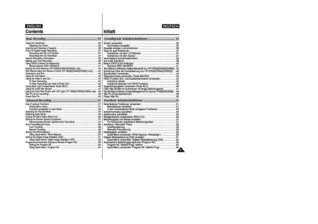Samsung VP- D355(i), VP-D354(i) manual Inhalt, Contents, English, Deutsch, Basic Recording, Grundlegende Aufnahmefunktionen 