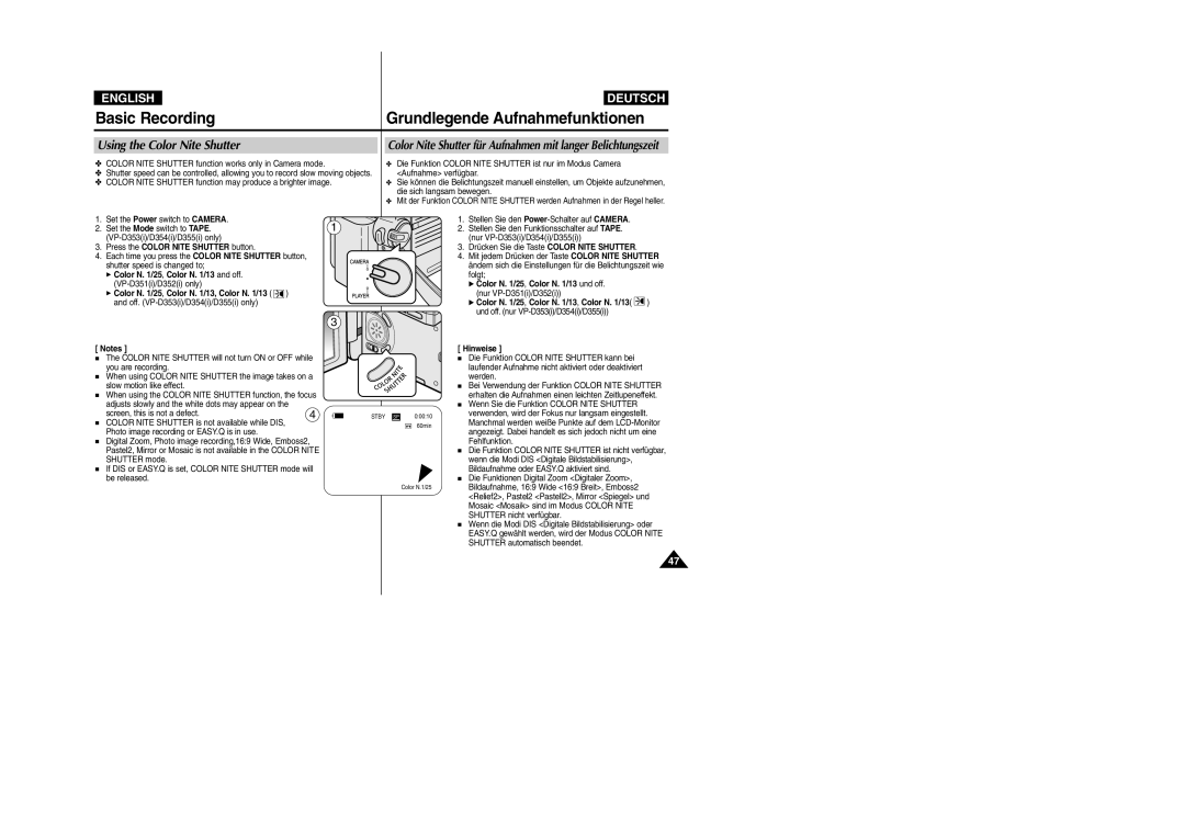 Samsung VP- D355(i) manual Using the Color Nite Shutter, Basic Recording, Grundlegende Aufnahmefunktionen, English, Deutsch 