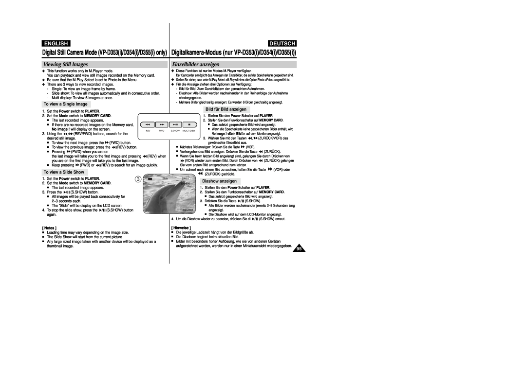 Samsung VP- D355(i) manual Viewing Still Images, Einzelbilder anzeigen, English, Deutsch, To view a Single Image, Hinweise 