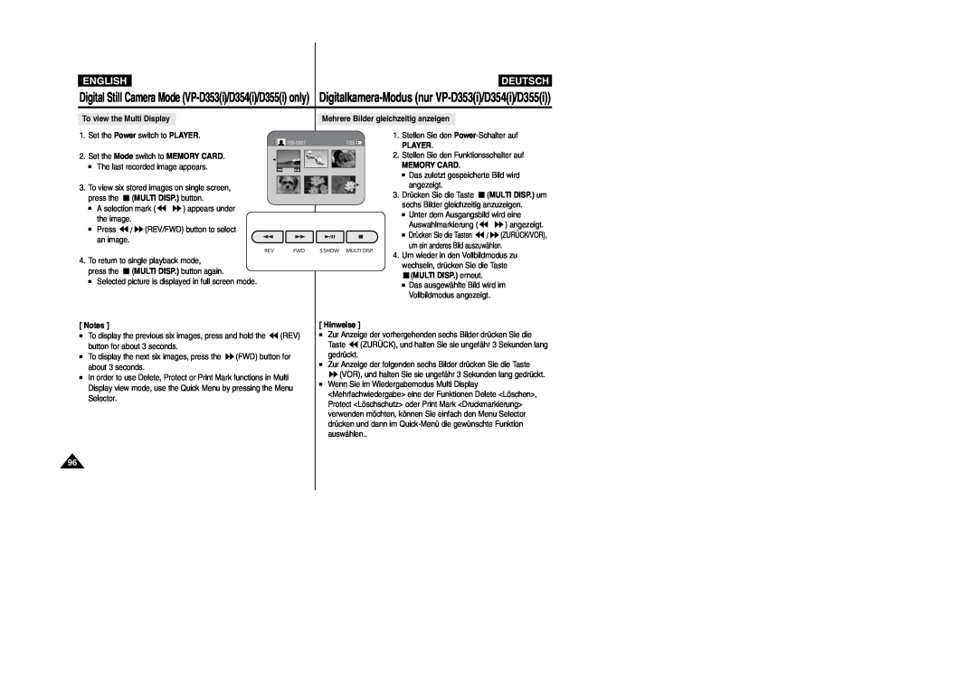 Samsung VP-D354(i) manual English, Deutsch, Digitalkamera-Modus nur VP-D353i/D354i/D355i, To view the Multi Display, Player 