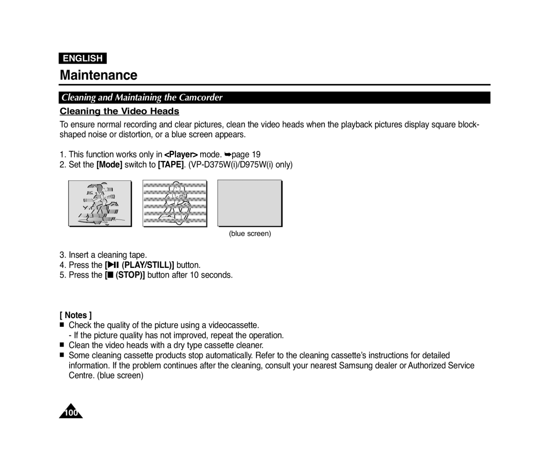 Samsung VP-D371(i), D975W(i), D372WH(i), D371W(i) manual Cleaning the Video Heads, Cleaning and Maintaining the Camcorder 