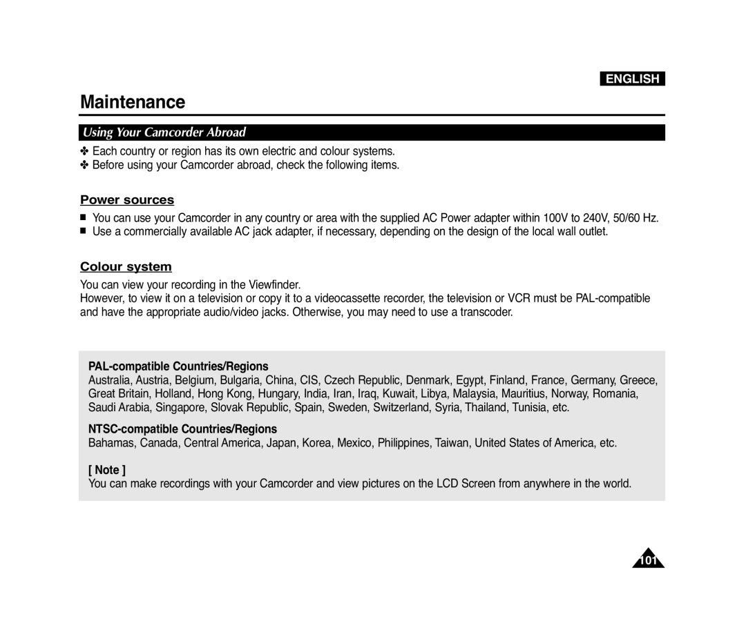 Samsung D975W(i), VP-D371(i) Power sources, Colour system, Using Your Camcorder Abroad, PAL-compatible Countries/Regions 