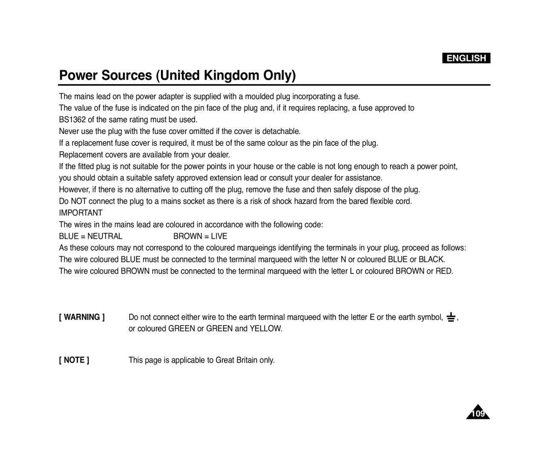 Samsung D975W(i), VP-D371(i), D372WH(i), D371W(i) manual Power Sources United Kingdom Only, Blue = Neutralbrown = Live 