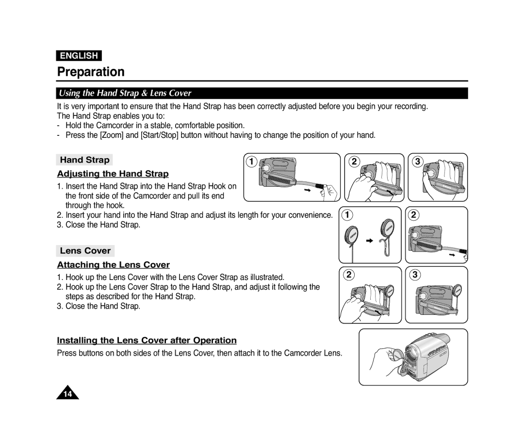 Samsung D372WH(i), VP-D371(i) manual Preparation, Hand Strap Adjusting the Hand Strap, Lens Cover Attaching the Lens Cover 