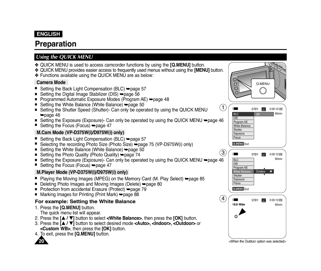 Samsung VP-D371(i), D975W(i), D372WH(i), D371W(i) For example Setting the White Balance, Using the Quick Menu, Camera Mode 