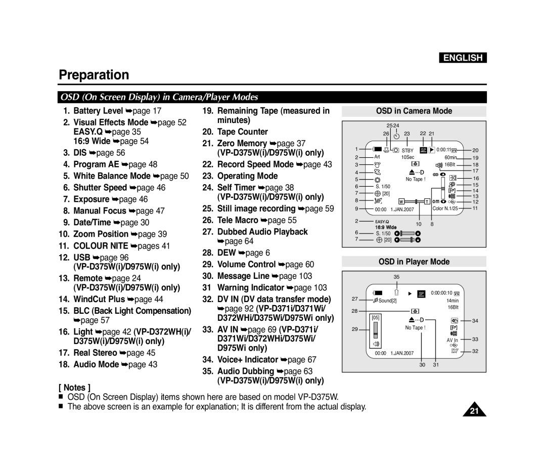 Samsung D975W(i) manual OSD On Screen Display in Camera/Player Modes, Battery Level Visual Effects Mode page 52 EASY.Q Wide 