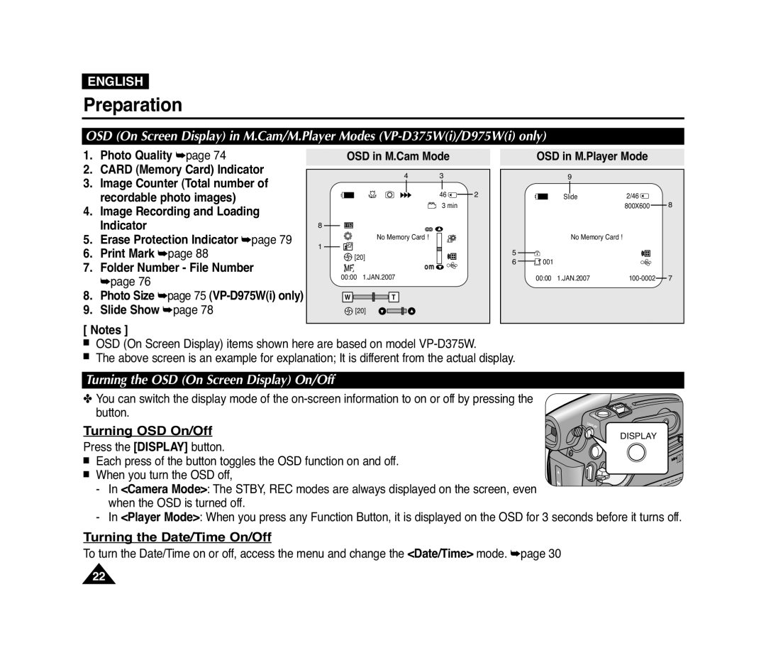 Samsung D372WH(i), VP-D371(i) Turning OSD On/Off, Turning the Date/Time On/Off, Turning the OSD On Screen Display On/Off 