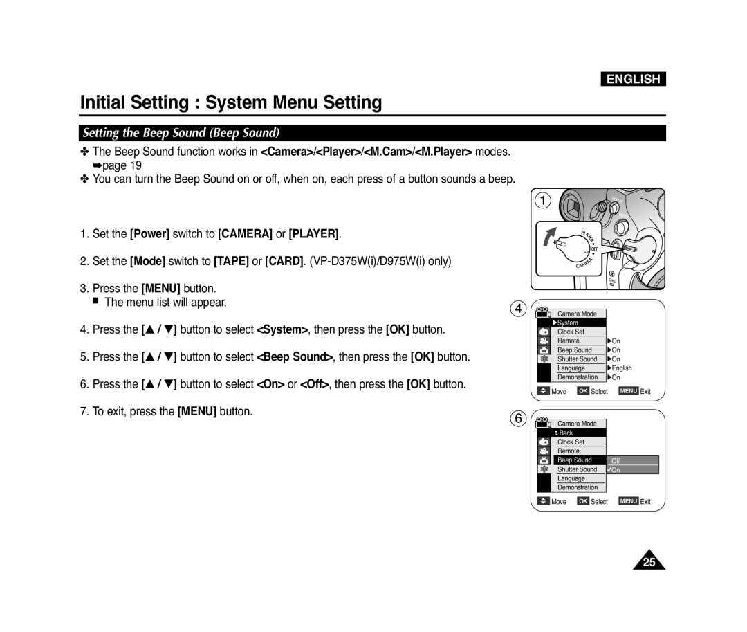 Samsung D975W(i), VP-D371(i), D372WH(i), D371W(i) manual Setting the Beep Sound Beep Sound 