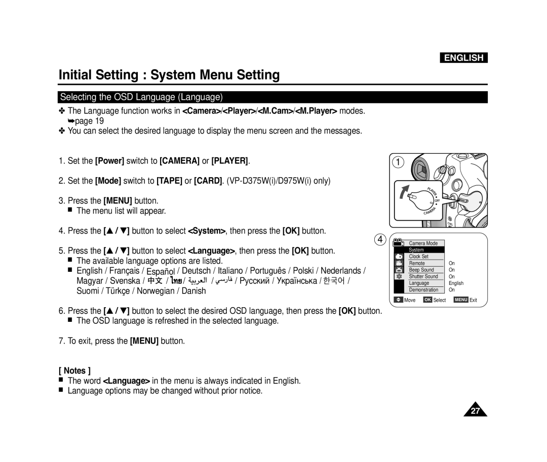 Samsung D371W(i), VP-D371(i), D975W(i), D372WH(i) manual Selecting the OSD Language Language 