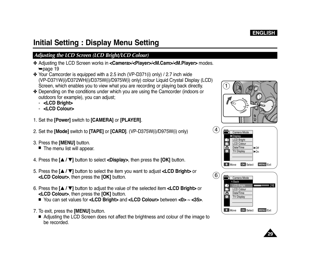 Samsung D975W(i), VP-D371(i), D371W(i) Initial Setting Display Menu Setting, Adjusting the LCD Screen LCD Bright/LCD Colour 