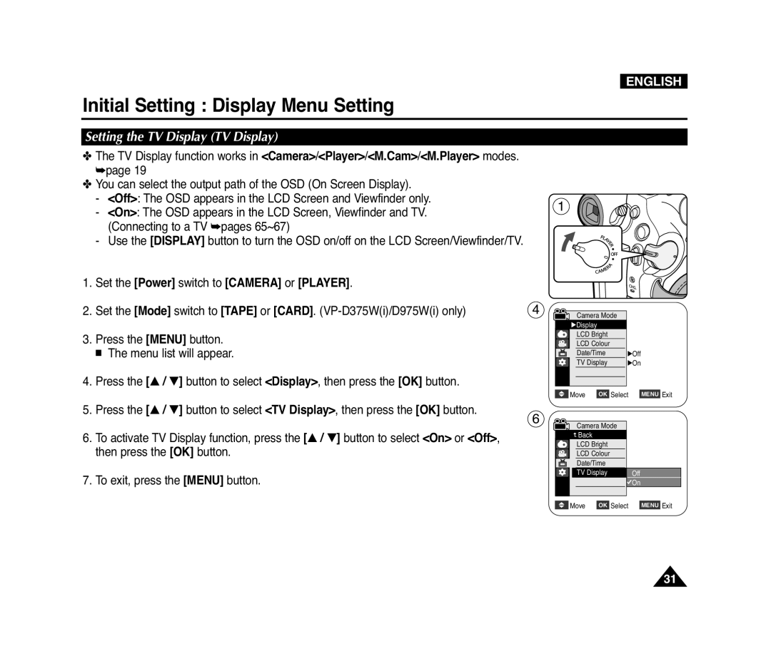 Samsung D371W(i), VP-D371(i), D975W(i), D372WH(i) manual Setting the TV Display TV Display 