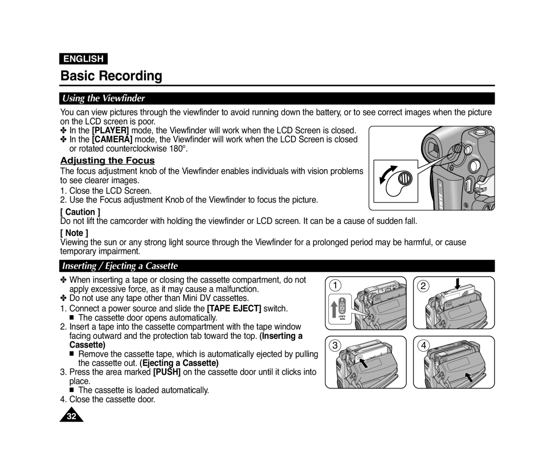 Samsung VP-D371(i), D975W(i) Basic Recording, Adjusting the Focus, Using the Viewfinder, Inserting / Ejecting a Cassette 