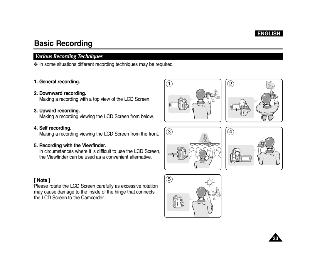 Samsung D975W(i) Various Recording Techniques, General recording Downward recording, Upward recording, Self recording 