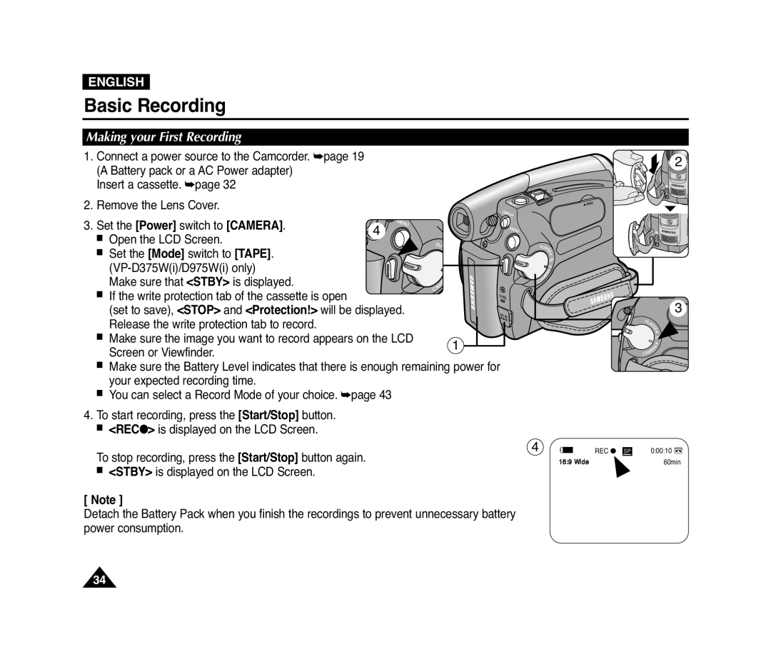 Samsung D372WH(i), VP-D371(i), D975W(i), D371W(i) manual Making your First Recording 