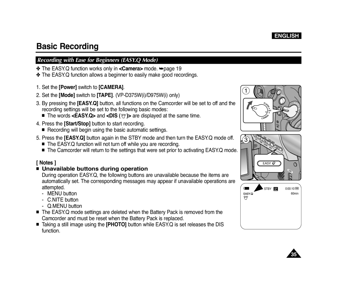 Samsung D371W(i), VP-D371(i), D975W(i) Unavailable buttons during operation, Recording with Ease for Beginners EASY.Q Mode 