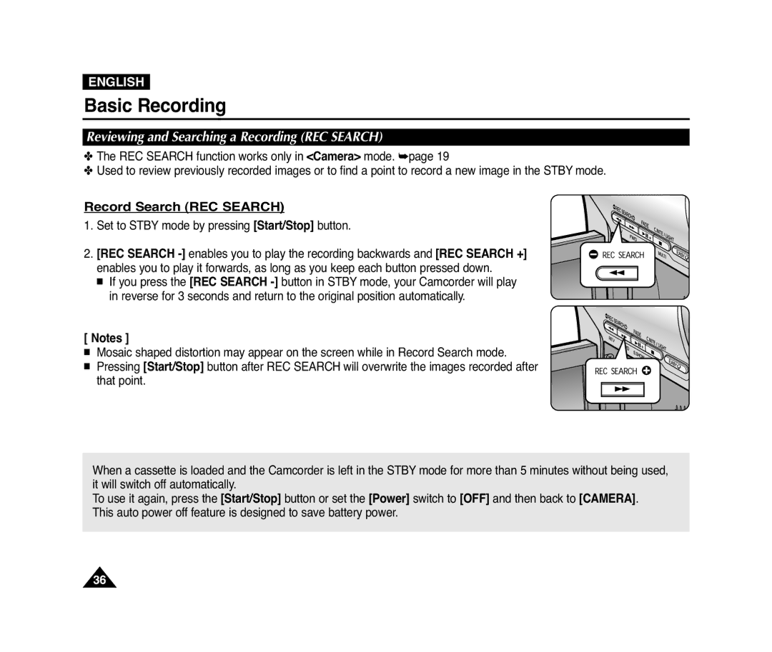 Samsung VP-D371(i), D975W(i), D372WH(i), D371W(i) Reviewing and Searching a Recording REC Search, Record Search REC Search 