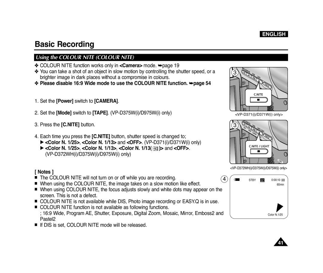 Samsung D975W(i), VP-D371(i), D372WH(i), D371W(i) manual Using the Colour Nite Colour Nite 