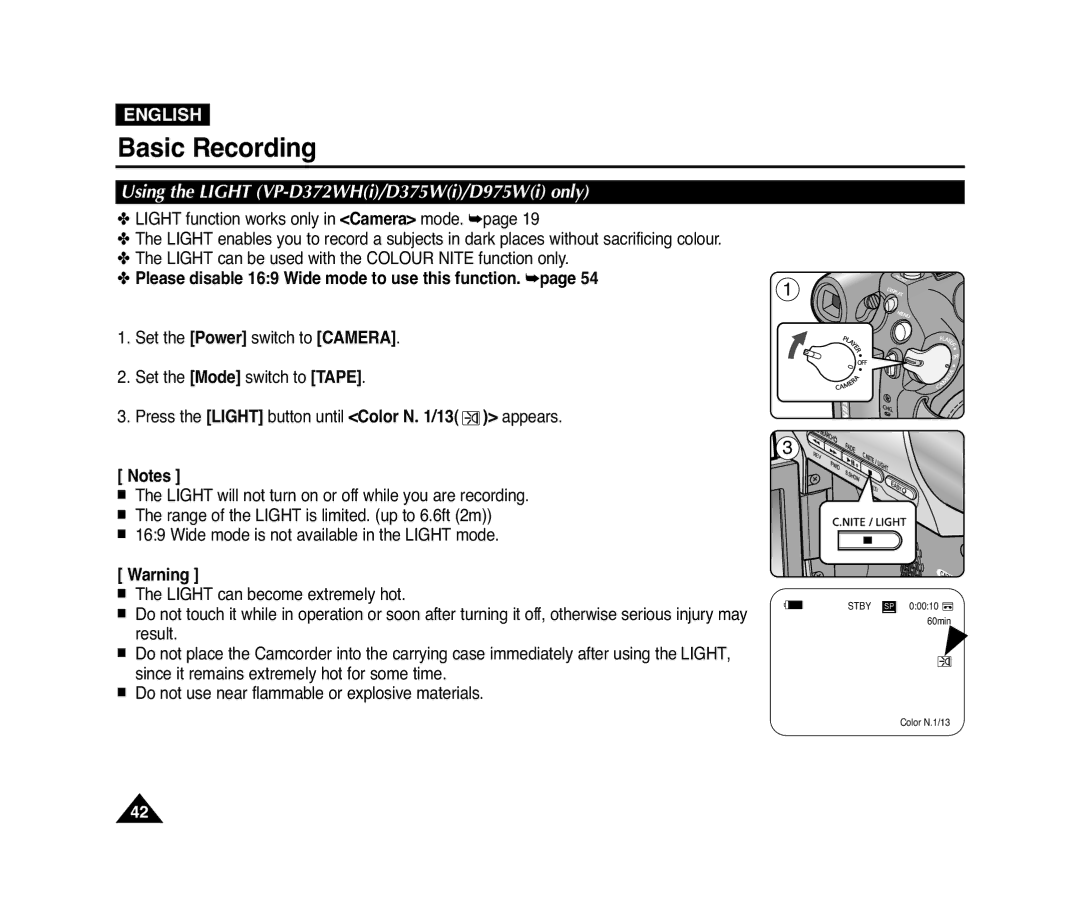 Samsung D372WH(i) manual Using the Light VP-D372WHi/D375Wi/D975Wi only, Please disable 169 Wide mode to use this function 