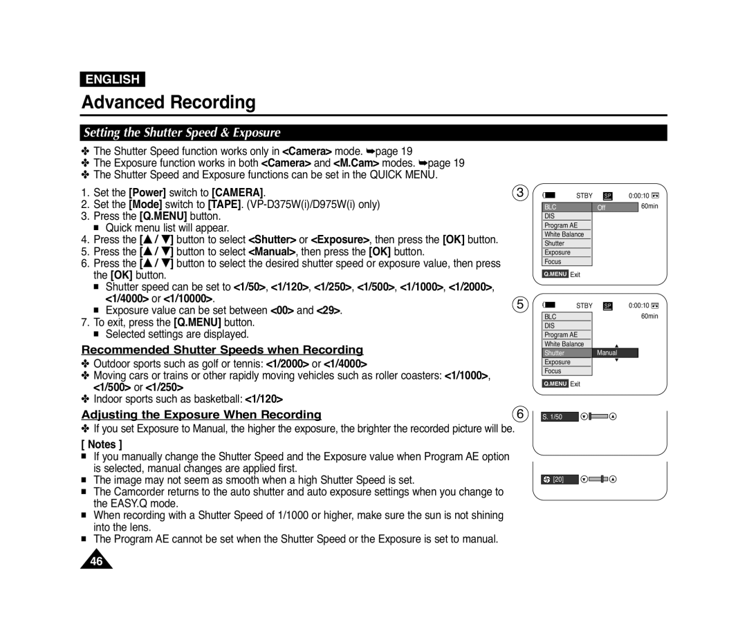 Samsung D372WH(i), VP-D371(i), D975W(i) Recommended Shutter Speeds when Recording, Adjusting the Exposure When Recording 