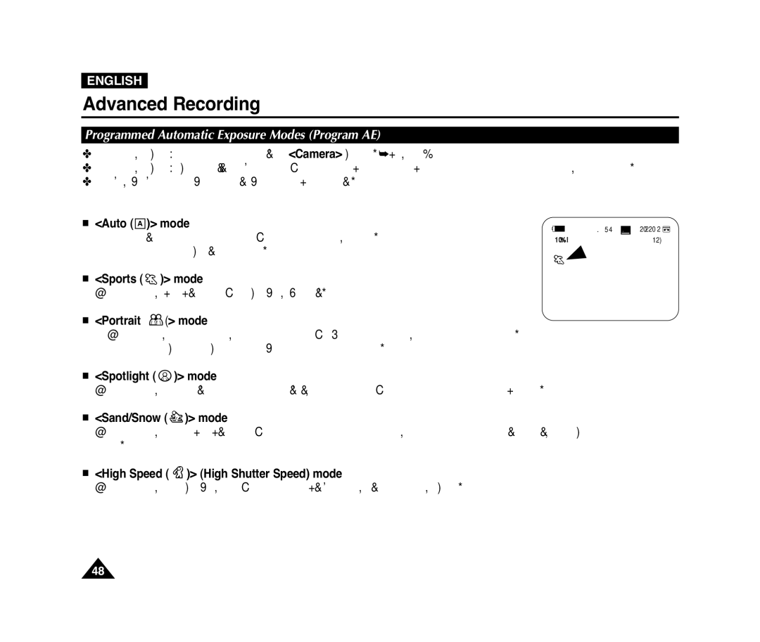 Samsung VP-D371(i), D975W(i), D372WH(i), D371W(i) manual Programmed Automatic Exposure Modes Program AE 